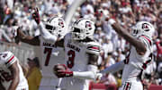 Oct 12, 2024; Tuscaloosa, Alabama, USA;  South Carolina Gamecocks defensive back O'Donnell Fortune (3) celebrates with teammates after making an interception to save a touchdown at Bryant-Denny Stadium. Alabama defeated South Carolina 27-25.  