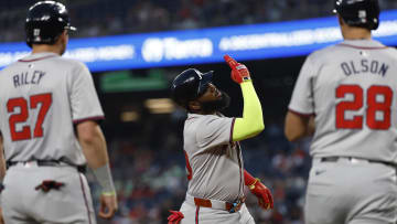 Jun 6, 2024; Washington, District of Columbia, USA; Atlanta Braves designated hitter Marcell Ozuna (20) celebrates while crossing home plate two run home run against the Washington Nationals during the eighth inning at Nationals Park. Mandatory Credit: Geoff Burke-USA TODAY Sports