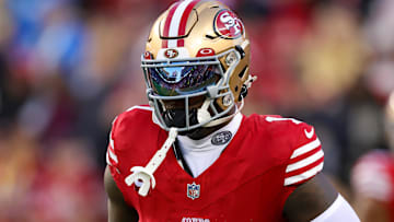Dec 30, 2024; Santa Clara, California, USA; San Francisco 49ers wide receiver Deebo Samuel Sr. (1) before the game against the Detroit Lions at Levi's Stadium. Mandatory Credit: Sergio Estrada-Imagn Images