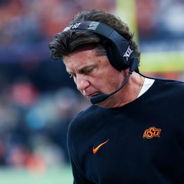 Dec 2, 2023; Arlington, TX, USA;  Oklahoma State Cowboys head coach Mike Gundy during the first half against the Texas Longhorns at AT&T Stadium. Mandatory Credit: Kevin Jairaj-USA TODAY Sports