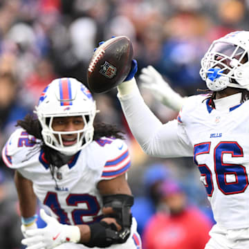 Jan 5, 2025; Foxborough, Massachusetts, USA; Buffalo Bills defensive end Javon Solomon (56) reacts after recovering a fumble against the New England Patriots during the second half at Gillette Stadium. Mandatory Credit: Brian Fluharty-Imagn Images