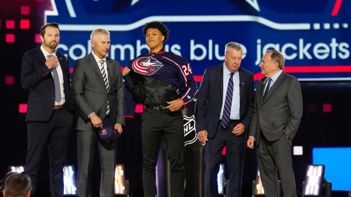 Jun 28, 2024; Las Vegas, Nevada, USA; Cayden Lindstrom is selected with the 4th overall pick in the first round of the 2024 NHL Draft by the Columbus Blue Jackets at The Sphere. Mandatory Credit: Stephen R. Sylvanie-USA TODAY Sports