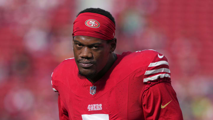 Dec 10, 2023; Santa Clara, California, USA; San Francisco 49ers linebacker Randy Gregory (5) before the game against the Seattle Seahawks at Levi's Stadium. Mandatory Credit: Darren Yamashita-USA TODAY Sports