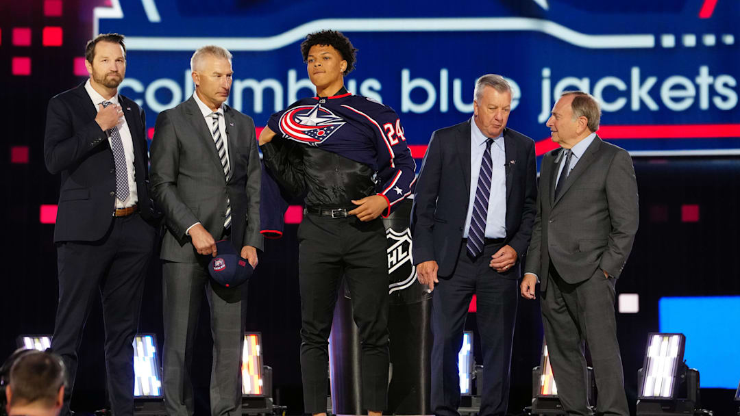 Jun 28, 2024; Las Vegas, Nevada, USA; Cayden Lindstrom is selected with the 4th overall pick in the first round of the 2024 NHL Draft by the Columbus Blue Jackets at The Sphere. Mandatory Credit: Stephen R. Sylvanie-Imagn Images
