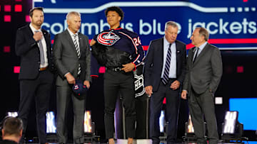 Jun 28, 2024; Las Vegas, Nevada, USA; Cayden Lindstrom is selected with the 4th overall pick in the first round of the 2024 NHL Draft by the Columbus Blue Jackets at The Sphere. Mandatory Credit: Stephen R. Sylvanie-Imagn Images