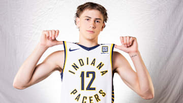 Sep 30, 2024; Indianapolis, IN, USA;  Indiana Pacers forward Johnny Furphy (12) poses for a photo during 2024 Media day.  Mandatory Credit: Trevor Ruszkowski-Imagn Images