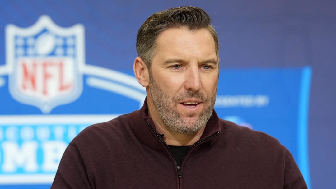 Feb 24, 2026; Indianapolis, IN, USA; Washington Commanders general manager Adam Peters speaks at the NFL Scouting Combine at the Indiana Convention Center. Mandatory Credit: Kirby Lee-Imagn Images