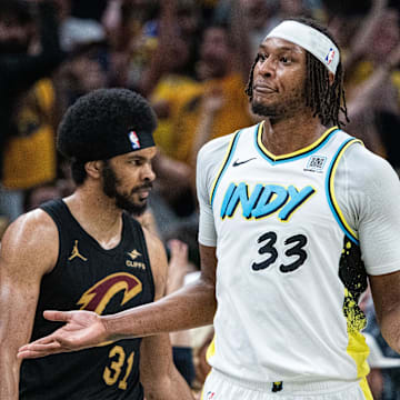 Indiana Pacers center Myles Turner celebrates a made basket.
