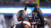 Oklahoma State safety Dylan Smith (11) celebrates recovering a fumble in the third quarter during an NCAA football game between Oklahoma State (OSU) and Tulsa at Boone Pickens Stadium in Stillwater, Okla., on Friday, Sept. 19, 2025.
