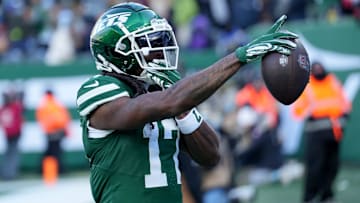 New York Jets wide receiver Davante Adams (17) celebrates after getting on the scoreboard first with a first quarter touchdown, Sunday, December 22, 2024, in East Rutherford.