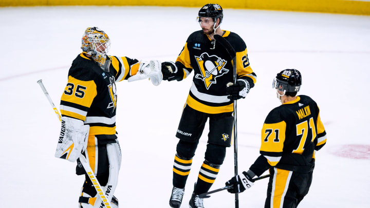 Pittsburgh Penguins goaltender Tristan Jarry celebrates a 3-0 shutout win over the Seattle Kraken on Jan. 14, 2024 at PPG Paints Arena.