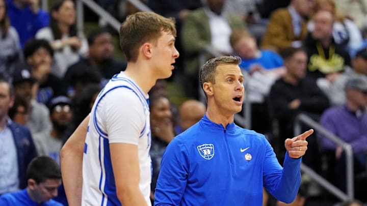 Mar 29, 2025; Newark, NJ, USA; Duke basketball head coach Jon Scheyer calls to his team during the first half against the Alabama Crimson Tide in the East Regional final of the 2025 NCAA tournament at Prudential Center.