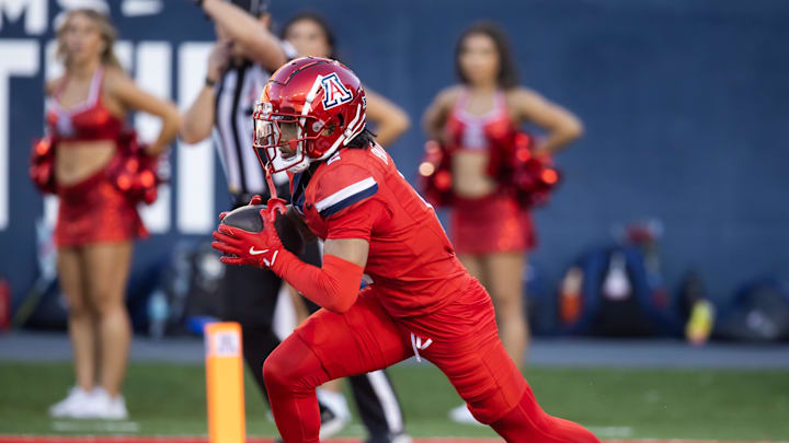 Nov 30, 2024; Tucson, Arizona, USA; Arizona Wildcats wide receiver Jeremiah Patterson (2) against the Arizona State Sun Devils during the Territorial Cup at Arizona Stadium. Mandatory Credit: Mark J. Rebilas-Imagn Images