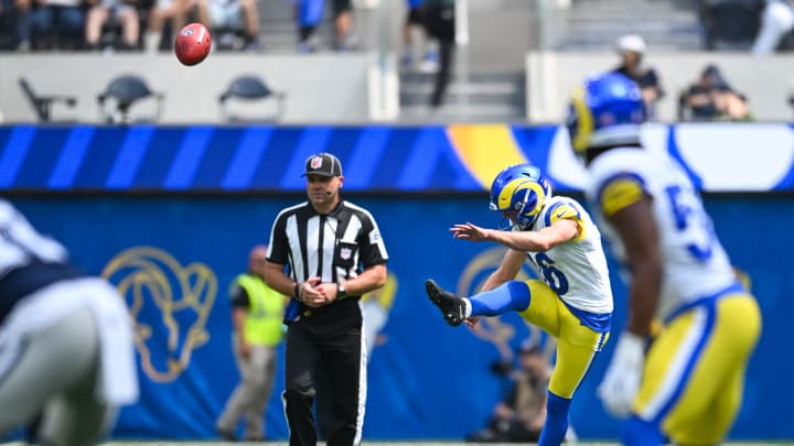 Aug 11, 2024; Inglewood, California, USA; Los Angeles Rams place kicker Joshua Karty (16) kicks the ball against the Dallas Cowboys during the second quarter at SoFi Stadium. Mandatory Credit: Jonathan Hui-USA TODAY Sports