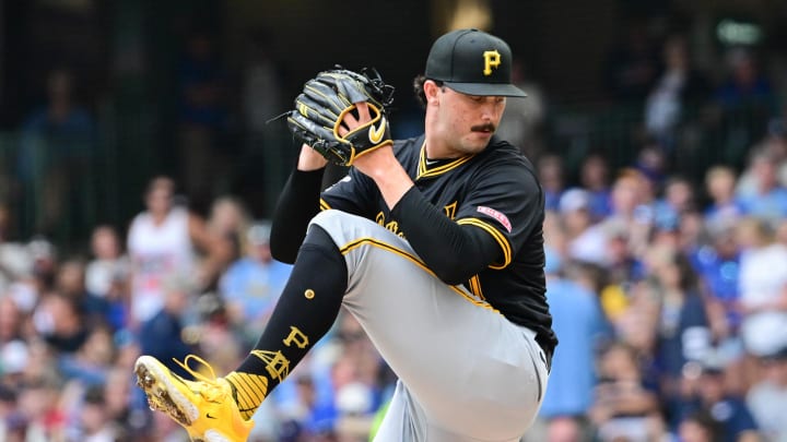 Jul 11, 2024; Milwaukee, Wisconsin, USA; Pittsburgh Pirates starting pitcher Paul Skenes (30) pitches in the first inning against the Milwaukee Brewers at American Family Field. Mandatory Credit: Benny Sieu-USA TODAY Sports