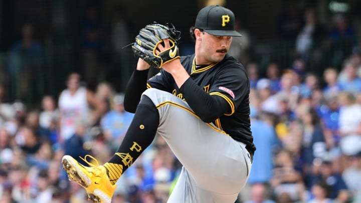 Jul 11, 2024; Milwaukee, Wisconsin, USA; Pittsburgh Pirates starting pitcher Paul Skenes (30) pitches in the first inning against the Milwaukee Brewers at American Family Field. Mandatory Credit: Benny Sieu-USA TODAY Sports