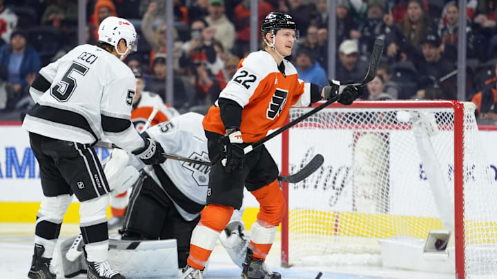Jan 31, 2026; Philadelphia, Pennsylvania, USA; Philadelphia Flyers center Christian Dvorak (22) reacts after a goal against the Los Angeles Kings in the second period at Xfinity Mobile Arena. Mandatory Credit: Kyle Ross-Imagn Images