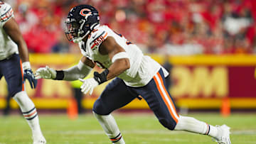 dAug 22, 2024; Kansas City, Missouri, USA; Chicago Bears defensive end Daniel Hardy (92) defends during the second half against the Kansas City Chiefs at GEHA Field at Arrowhead Stadium. Mandatory Credit: Jay Biggerstaff-Imagn Images