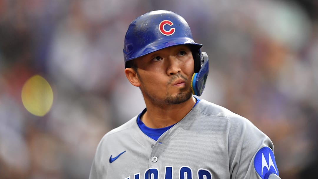 Jul 26, 2025; Chicago, Illinois, USA; Chicago Cubs designated hitter Seiya Suzuki (27) reacts after lining out during the sixth inning against the Chicago White Sox at Rate Field. Mandatory Credit: Patrick Gorski-Imagn Images