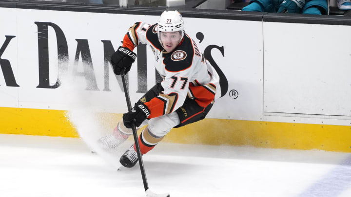 Jan 20, 2024; San Jose, California, USA; Anaheim Ducks right wing Frank Vatrano (77) skates with the puck against the San Jose Sharks during the third period at SAP Center at San Jose. Mandatory Credit: Darren Yamashita-USA TODAY Sports