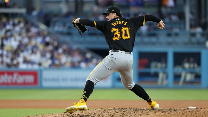 Aug 10, 2024; Los Angeles, California, USA;  Pittsburgh Pirates starting pitcher Paul Skenes (30) pitches during the fifth inning against the Los Angeles Dodgers at Dodger Stadium. Mandatory Credit: Kiyoshi Mio-USA TODAY Sports