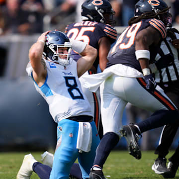 Tennessee Titans quarterback Will Levis (8) reacts to an interception that was returned for a Chicago Bears touchdown during the fourth quarter at Soldier Field in Chicago, Ill., Sunday, Sept. 8, 2024.