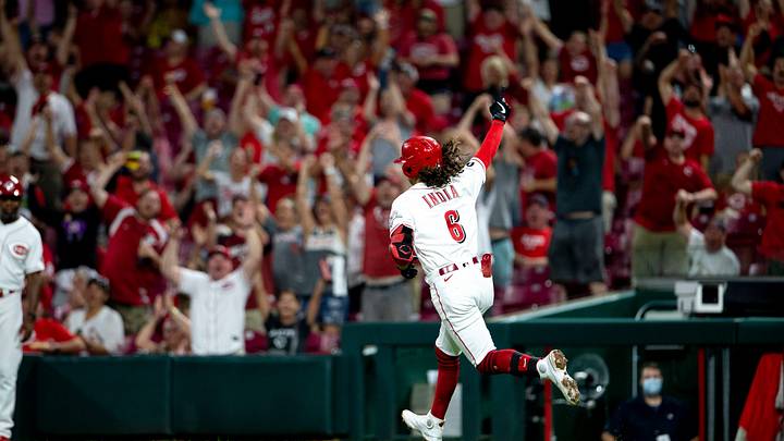 Cincinnati Reds rookie Jonathan India rounds the bases after hitting a home run.