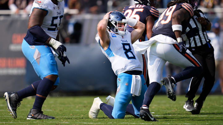 Tennessee Titans quarterback Will Levis (8) reacts to an interception that was returned for a Chicago Bears touchdown during the fourth quarter at Soldier Field in Chicago, Ill., Sunday, Sept. 8, 2024.