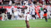 Dec 31, 2024; Orlando, FL, USA; South Carolina Gamecocks wide receiver Dalevon Campbell (15) celebrates a first down against the Illinois Fighting Illini in the third quarter at Camping World Stadium. Mandatory Credit: Jeremy Reper-Imagn Images