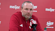 Indiana basketball coach Darian DeVries speaks to reporters Friday after beating Marian 107-46 in an exhibition game.