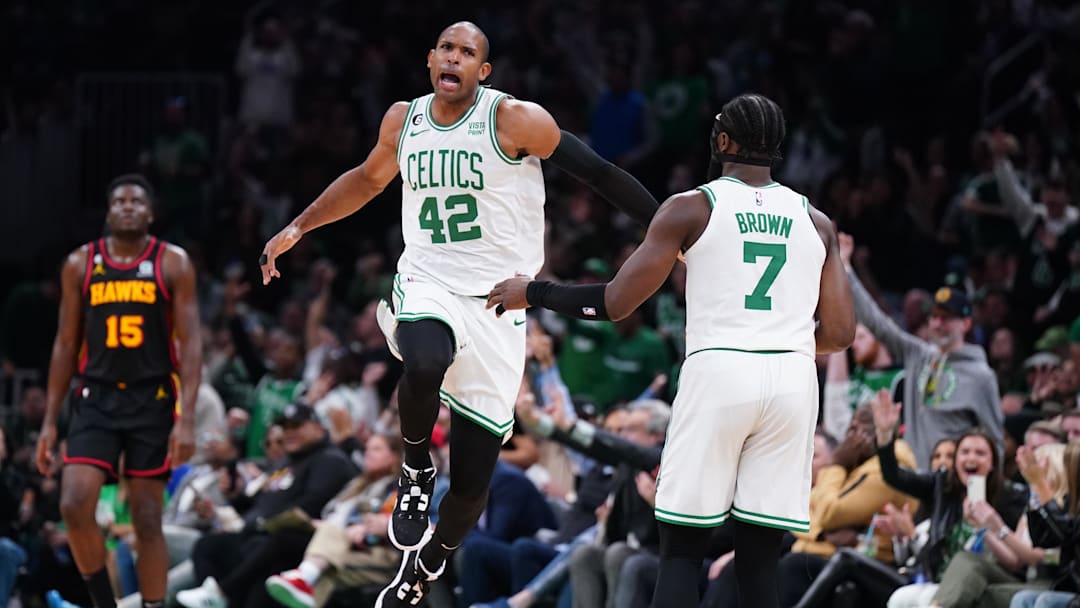 Apr 18, 2023; Boston, Massachusetts, USA; Boston Celtics center Al Horford (42) reacts after his three point basket against the Atlanta Hawks in the third quarter during game two of the 2023 NBA playoffs at TD Garden. Mandatory Credit: David Butler II-Imagn Images