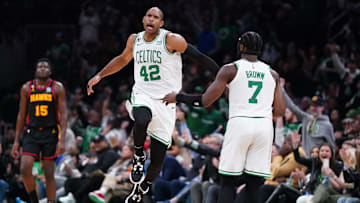 Apr 18, 2023; Boston, Massachusetts, USA; Boston Celtics center Al Horford (42) reacts after his three point basket against the Atlanta Hawks in the third quarter during game two of the 2023 NBA playoffs at TD Garden. Mandatory Credit: David Butler II-Imagn Images