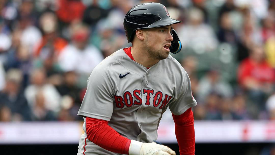 Apr 25, 2026; Baltimore, Maryland, USA; Boston Red Sox third baseman Caleb Durbin (5) hits an RBI double during the second inning against the Baltimore Orioles at Oriole Park at Camden Yards. Mandatory Credit: Daniel Kucin Jr.-Imagn Images