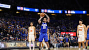 Apr 15, 2025; Orlando, Florida, USA; Orlando Magic guard Cole Anthony shoots a free throw against the Atlanta Hawks in the fourth quarter at Kia Center. 