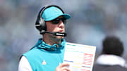 Oct 12, 2025; Jacksonville, Florida, USA; Jacksonville Jaguars head coach Liam Coen looks on during the first half against the Seattle Seahawks at EverBank Stadium. Mandatory Credit: Morgan Tencza-Imagn Images