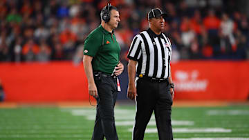 Nov 30, 2024; Syracuse, New York, USA; Miami Hurricanes head coach Mario Cristobal looks on during the second half against the Syracuse Orange at the JMA Wireless Dome. Mandatory Credit: Rich Barnes-Imagn Images
