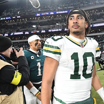 Jan 12, 2025; Philadelphia, Pennsylvania, USA; Green Bay Packers quarterback Jordan Love (10) reacts after the game against the Philadelphia Eagles in an NFC wild card game at Lincoln Financial Field. Mandatory Credit: Eric Hartline-Imagn Images