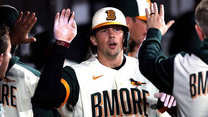 May 8, 2026; Baltimore, Maryland, USA; Baltimore Orioles catcher Adley Rutschman (35) celebrates after hitting a home run during the sixth inning against the Athletics at Oriole Park at Camden Yards. Mandatory Credit: Daniel Kucin Jr.-Imagn Images