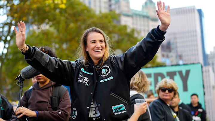 Sabrina Ionescu, of the New York Liberty acknowledges the fans, Thursday, October 24, 2024, in Manhattan. Sabrina Ionescu, of the New York Liberty acknowledges the fans, Thursday, October 24, 2024, in Manhattan.