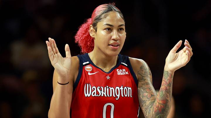 Aug 9, 2026; Washington, District of Columbia, USA; Washington Mystics center Shakira Austin (0) celebrates during the first half against the Phoenix Mercury at CareFirst Arena. Mandatory Credit: Daniel Kucin Jr.-Imagn Images