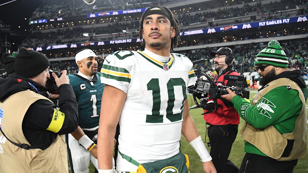 Jan 12, 2025; Philadelphia, Pennsylvania, USA; Green Bay Packers quarterback Jordan Love (10) reacts after the game against the Philadelphia Eagles in an NFC wild card game at Lincoln Financial Field. Mandatory Credit: Eric Hartline-Imagn Images
