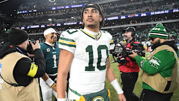 Jan 12, 2025; Philadelphia, Pennsylvania, USA; Green Bay Packers quarterback Jordan Love (10) reacts after the game against the Philadelphia Eagles in an NFC wild card game at Lincoln Financial Field. Mandatory Credit: Eric Hartline-Imagn Images