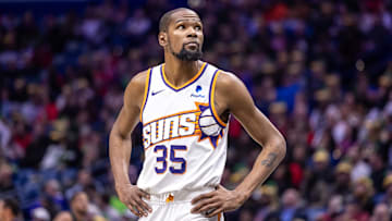 Jan 19, 2024; New Orleans, Louisiana, USA;  Phoenix Suns forward Kevin Durant (35) looks on against the New Orleans Pelicans during the second half at Smoothie King Center. Mandatory Credit: Stephen Lew-Imagn Images