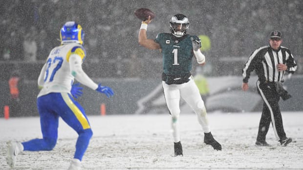 Hurts threw for just 128 yards in the Eagles’ win over the Rams.
