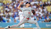 Jul 21, 2025; Los Angeles, California, USA; Minnesota Twins pitcher David Festa (58) throws against the Los Angeles Dodgers during the first inning at Dodger Stadium.
