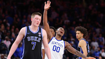 Kentucky v Duke; Duke basketball guard Kon Knueppel and Tyrese Proctor react to a play against Kentucky