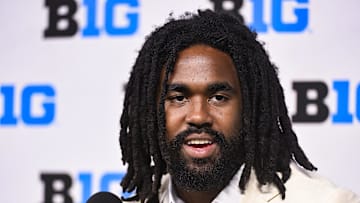 Jul 25, 2024; Indianapolis, IN, USA; Michigan Wolverines running back Donovan Edwards speaks to the media during the Big 10 football media day at Lucas Oil Stadium. Mandatory Credit: Robert Goddin-USA TODAY Sports