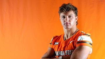 Oklahoma State quarterback Hauss Hejny poses for a photograph during the Oklahoma State Cowboys football media days in Gallagher-Iba Arena in Stillwater, Oklahoma, Saturday, Aug., 2, 2025.