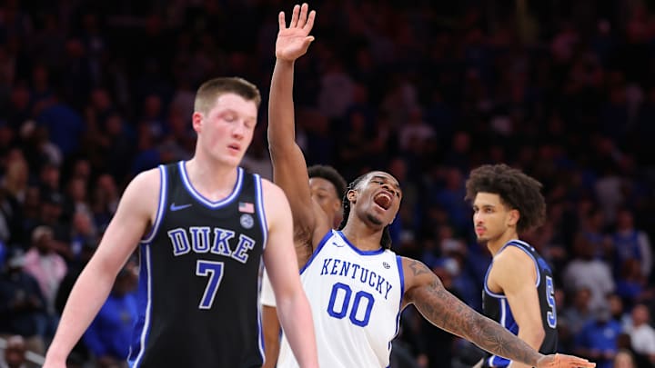 Kentucky v Duke; Duke basketball guard Kon Knueppel and Tyrese Proctor react to a play against Kentucky