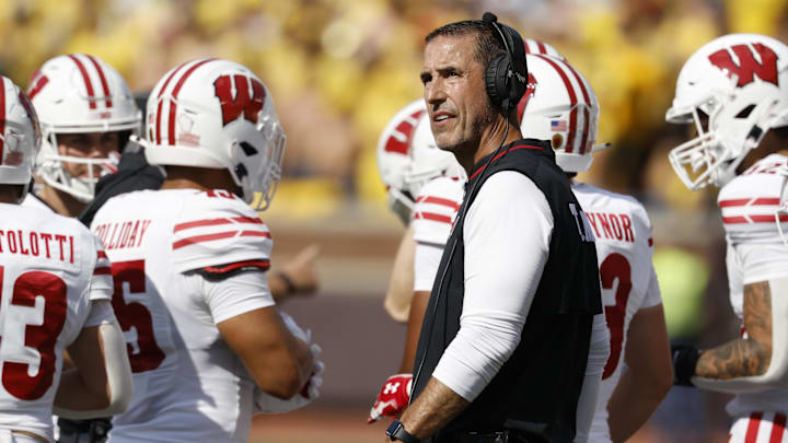 Oct 4, 2025; Ann Arbor, Michigan, USA;  Wisconsin Badgers head coach Luke Fickell  on the sideline in the second half against the Michigan Wolverines at Michigan Stadium. Mandatory Credit: Rick Osentoski-Imagn Images